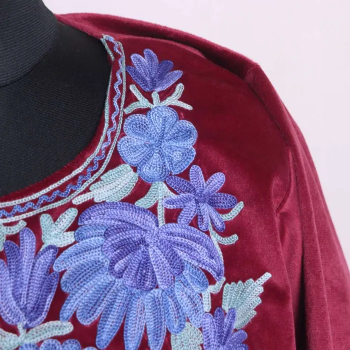 Classic Purple Velvet Winter Loose Pheran with Exquisite Aari Work - Dal Lake Collection - Image 3