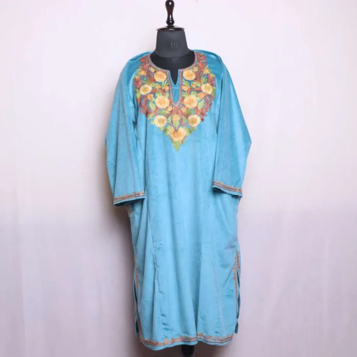 Stylish Cyan Blue Aari Embroidered Velvet Loose Pheran for Elegant Winter Looks - Dal Lake Collection - Image 2