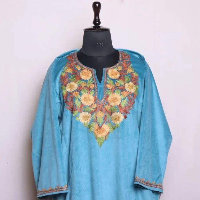 Stylish Cyan Blue Aari Embroidered Velvet Loose Pheran for Elegant Winter Looks - Dal Lake Collection