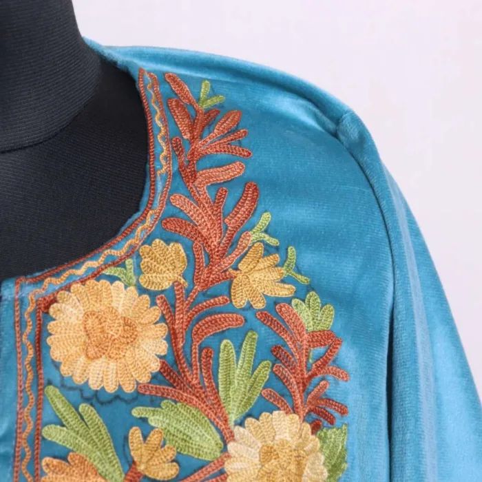 Stylish Cyan Blue Aari Embroidered Velvet Loose Pheran for Elegant Winter Looks - Dal Lake Collection - Image 3