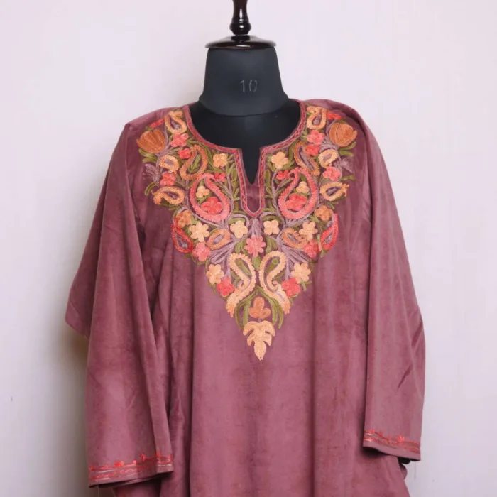 Artistic Chocolate Velvet Loose Pheran with Aari Embroidery for Winter - Dal Lake Collection