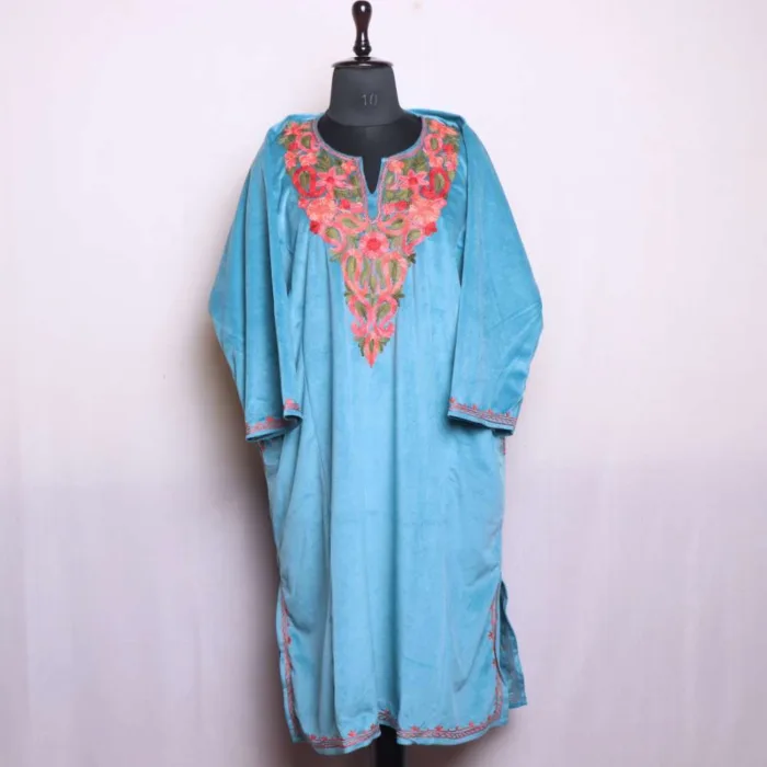 Soft Cyan Blue Velvet Aari Embroidered Loose  Pheran for Winter - Dal Lake Collection - Image 2