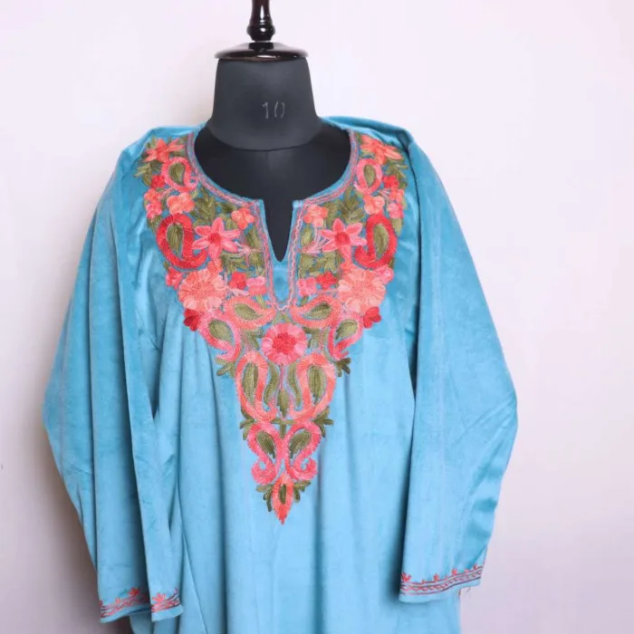 Soft Cyan Blue Velvet Aari Embroidered Loose  Pheran for Winter - Dal Lake Collection