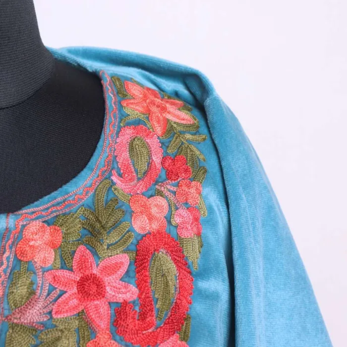 Soft Cyan Blue Velvet Aari Embroidered Loose  Pheran for Winter - Dal Lake Collection - Image 3