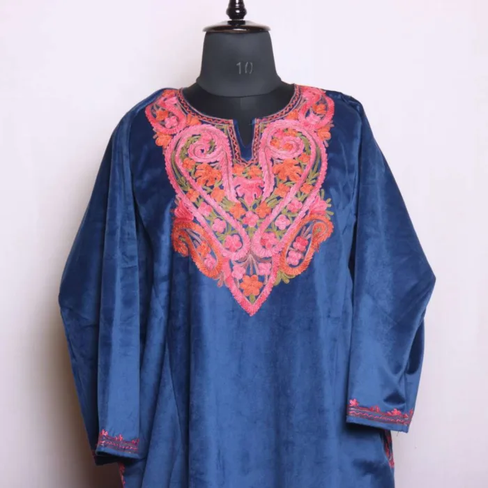 Kashmiri Dark Blue Velvet Loose Pheran with Elegent Aari Detailing - Dal Lake Collection