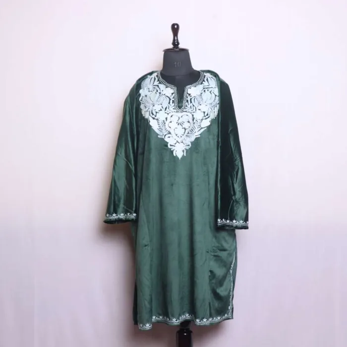 Dark Green Velvet Aari Embroidered Loose Pheran | Feran for Chilly Winter - Babedemb Collection - Image 2