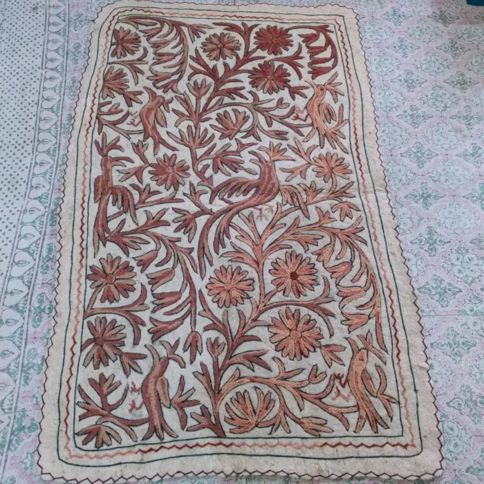 Authentic Kashmiri Wool Namda Featuring Light Brown Intricate Aari Work (5x3 ft)