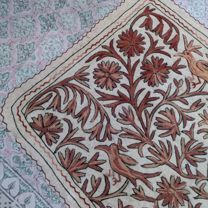 Authentic Kashmiri Wool Namda Featuring Light Brown Intricate Aari Work (5x3 ft) - Image 2