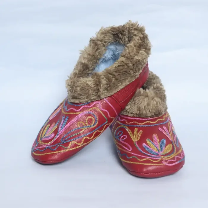 Maroon Lotus Leather Socks with Brown Fur and Ari Embroidery (6) - Bakhtawar