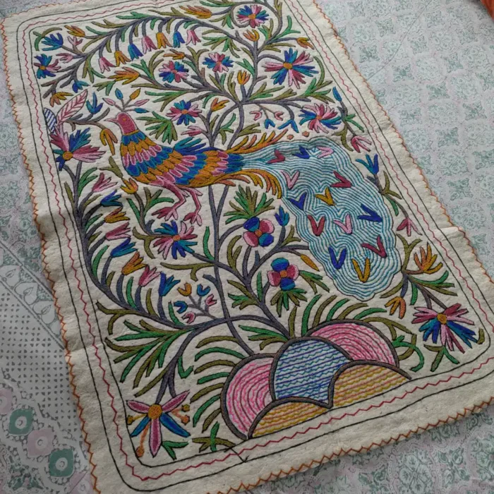 Traditional Kashmiri Woolen Namda with Stunning Aari Patterns and Mulfti Floral Peacock (5.9 x 4)