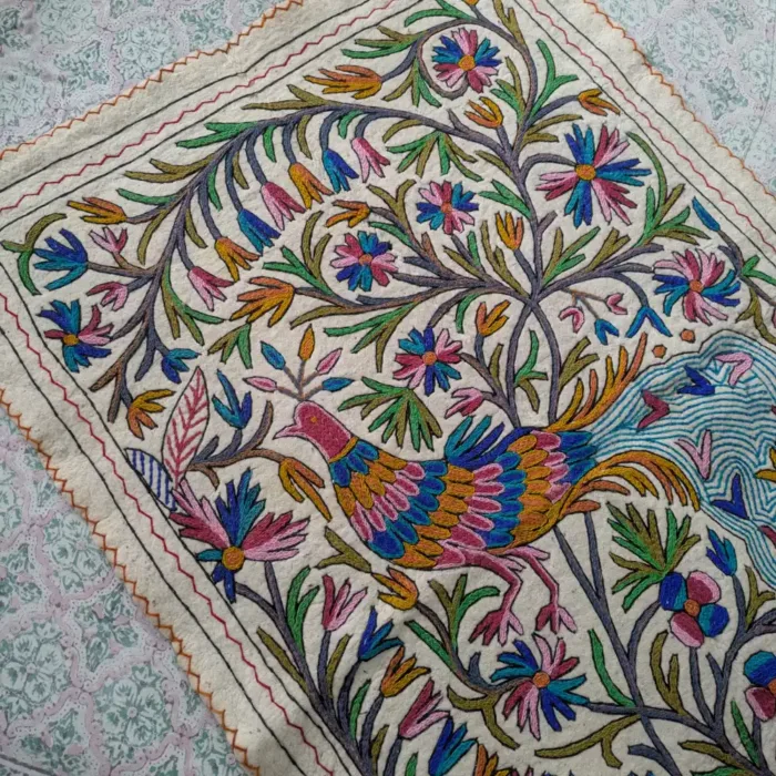 Traditional Kashmiri Woolen Namda with Stunning Aari Patterns and Mulfti Floral Peacock (5.9 x 4) - Image 2