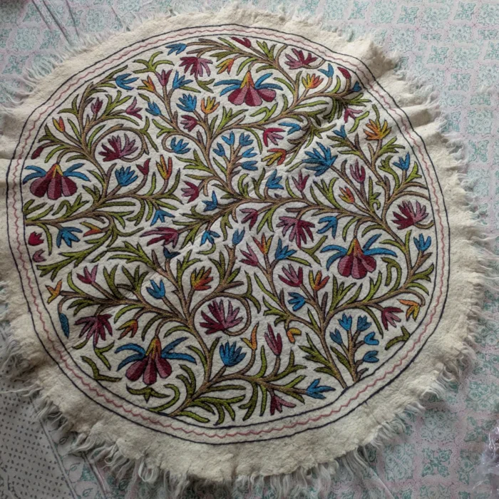 Traditional Multi-Color Circular Kashmiri Home Wool Rug with Aari Embroidery (5 ft)