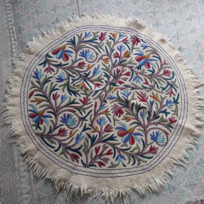 Round Wool Namda Showcasing Multi & Blue Flower Intricate Aari Embroidery (5 ft)