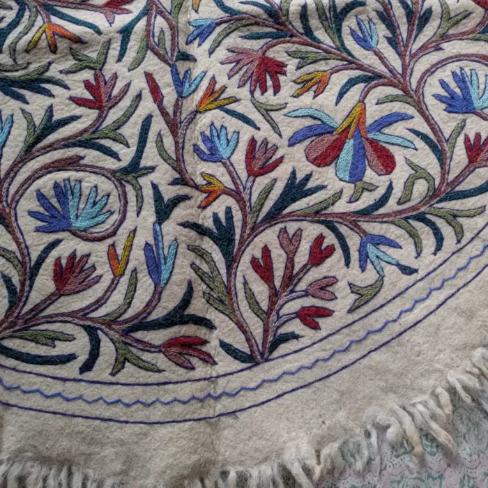 Round Wool Namda Showcasing Multi & Blue Flower Intricate Aari Embroidery (5 ft) - Image 5