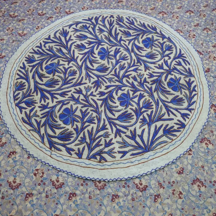 Soft Wool Circular Namda with Blue Handcrafted Aari Details (5 ft)