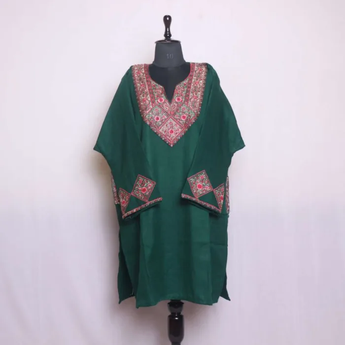 Dark Green Needle Embroidery with Sleeve Work Loose Pheran | Feran - Omera Collection [55, 40] - Image 2