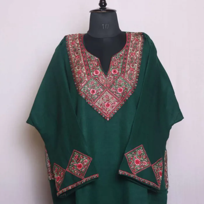 Dark Green Needle Embroidery with Sleeve Work Loose Pheran | Feran - Omera Collection [55, 40]