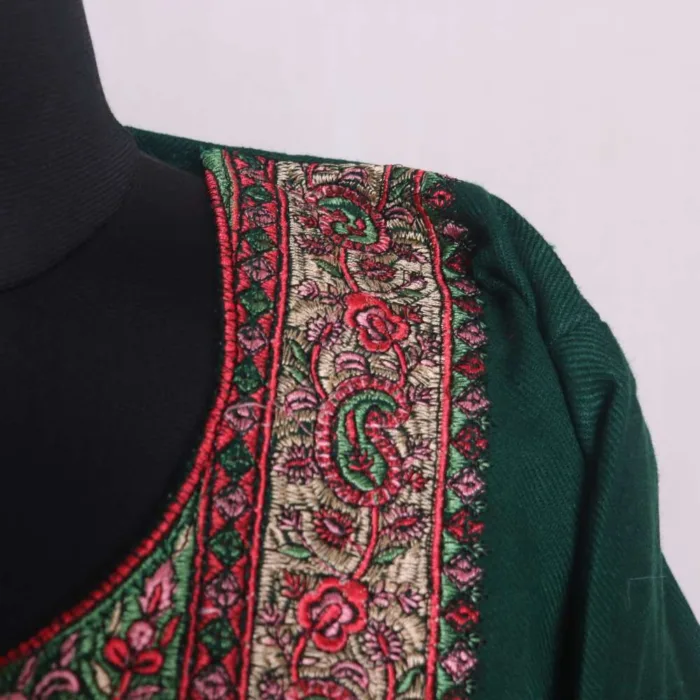 Dark Green Needle Embroidery with Sleeve Work Loose Pheran | Feran - Omera Collection [55, 40] - Image 3