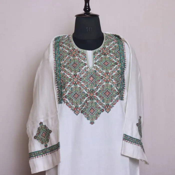 Elegant Cream Needle Embroidery with Sleeve Work Pheran | Feran - Omera Collection [46, 42]