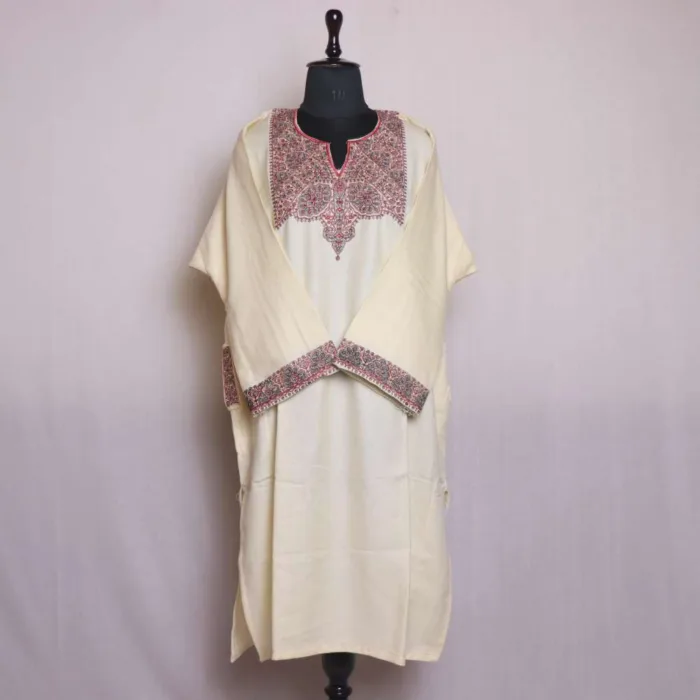 Stylish Cream Pheran | Feran with Needle Embroidery and Sleeve Work - Omera Collection [52, 44] - Image 2