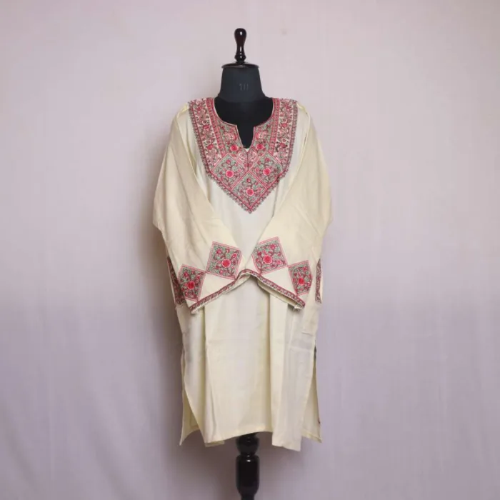 Graceful Cream Loose Pheran | Feran with Needle Embroidery and Sleeve Work - Omera Collection [54, 40] - Image 2