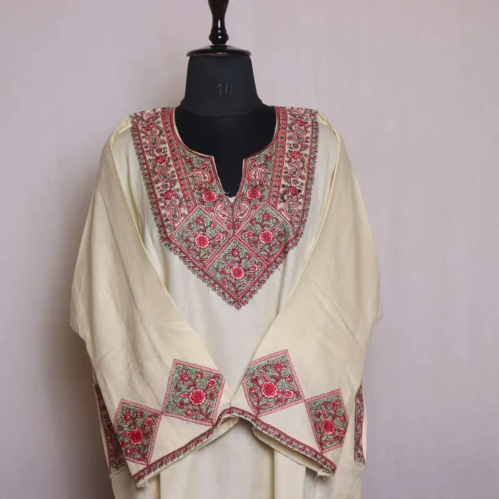 Graceful Cream Loose Pheran | Feran with Needle Embroidery and Sleeve Work - Omera Collection [54, 40]