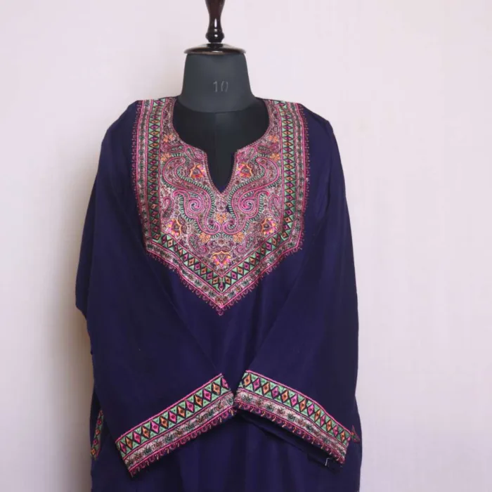 Dark Blue Sophisticated Needle Embroidery with Sleeve Work Loose Pheran | Feran - Omera Collection [54, 40.5]