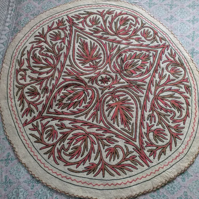 Round Wool Rug with Authentic Orange & Brown Kashmiri Aari Embroidery (5 ft)