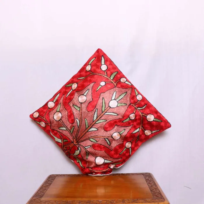 Red Chain Stitch Big Chinar Leaf Cushion Cover 12*12 | Barzul Collection