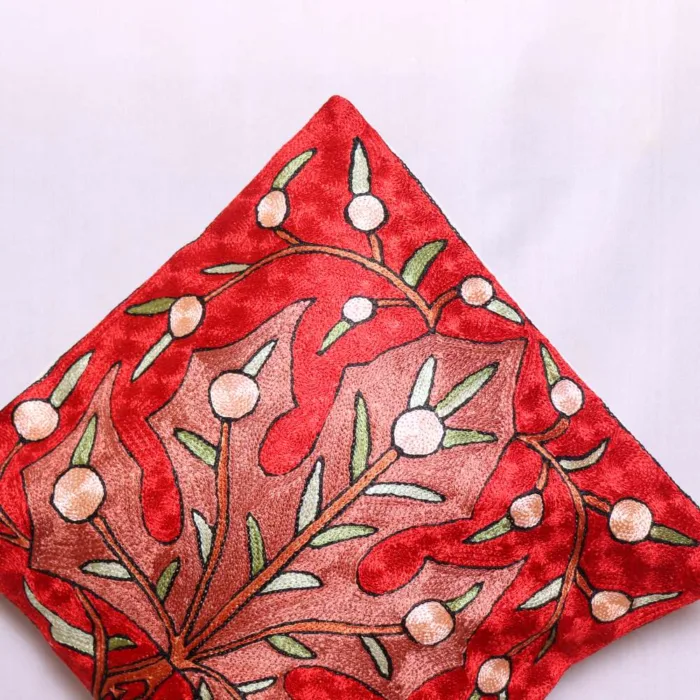 Red Chain Stitch Big Chinar Leaf Cushion Cover 12*12 | Barzul Collection - Image 2