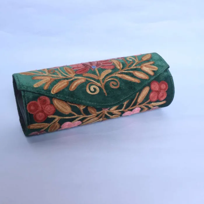 Kashmiri Dark Green Aari Embroidered Velvet Round Clutch Bag