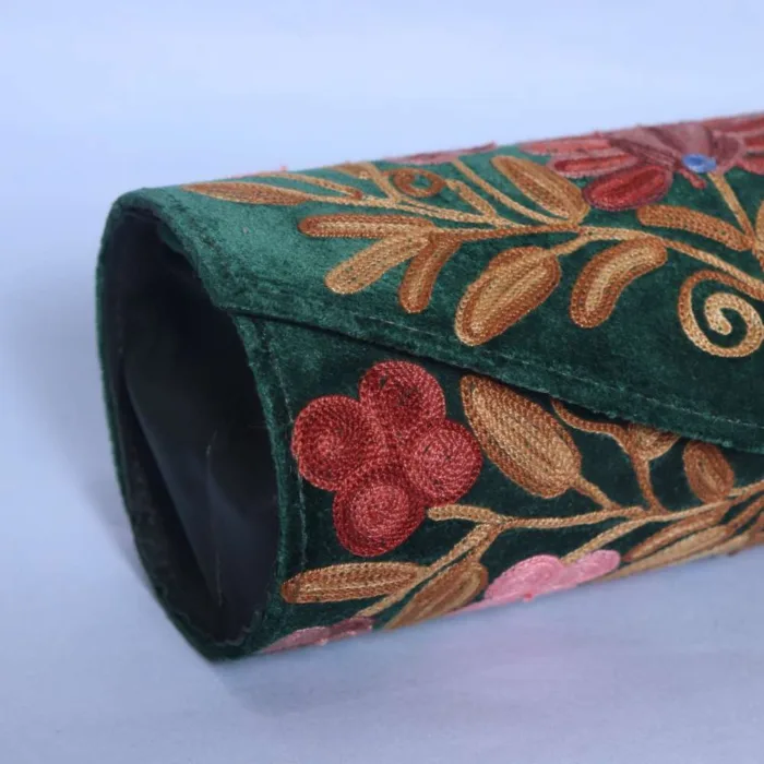 Kashmiri Dark Green Aari Embroidered Velvet Round Clutch Bag - Image 2