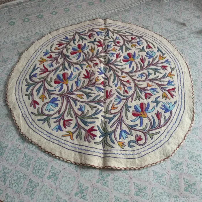 Intricate Round Wool Namda with Kashmiri Aari Art (5 ft)