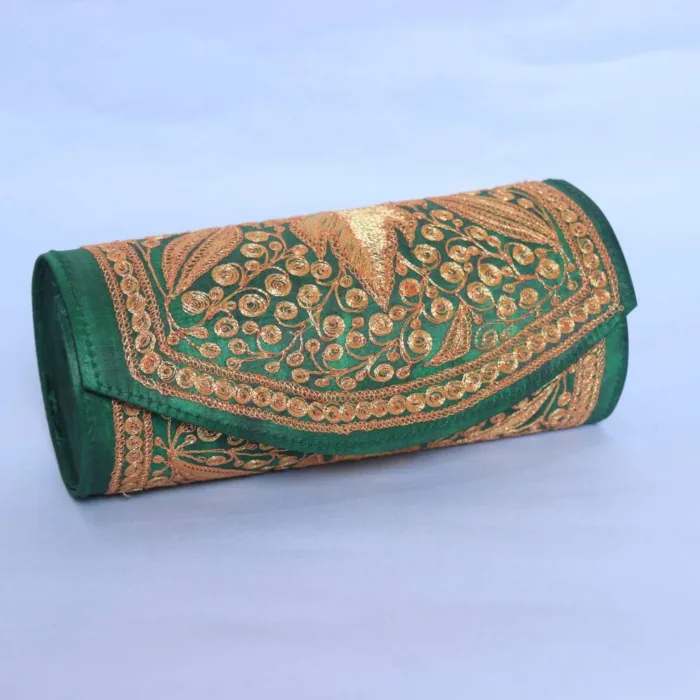 Forest Green Silk Round Clutch Featuring Tilla Work