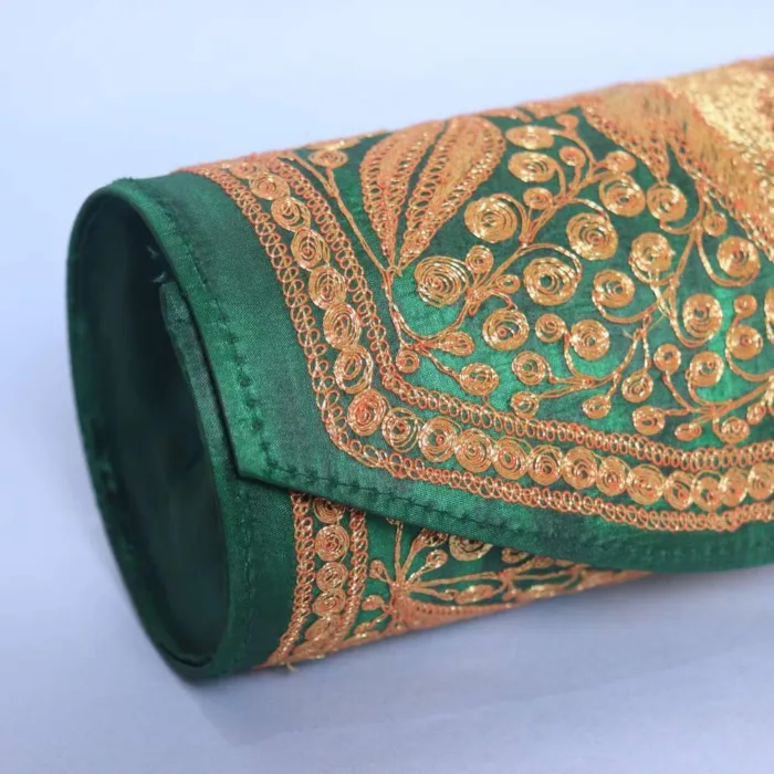 Forest Green Silk Round Clutch Featuring Tilla Work - Image 2