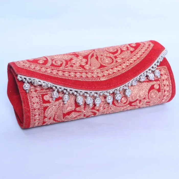 Stylish Red Tilla Embroidered Silk Round Clutch for Festive Wear