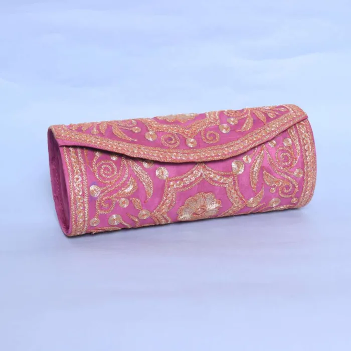 Elegant Pink Silk Tilla Embroidered Round Clutch Bag