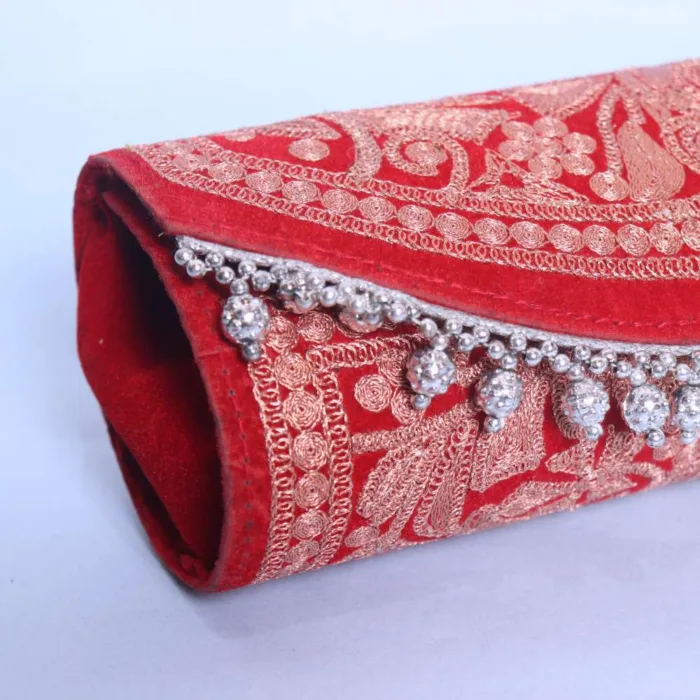 Stylish Red Tilla Embroidered Silk Round Clutch for Festive Wear - Image 2