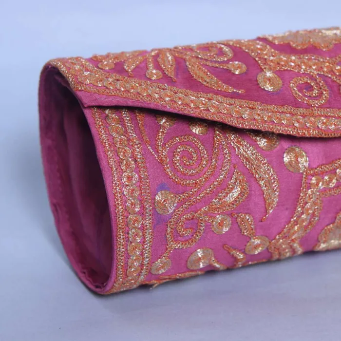 Elegant Pink Silk Tilla Embroidered Round Clutch Bag - Image 2