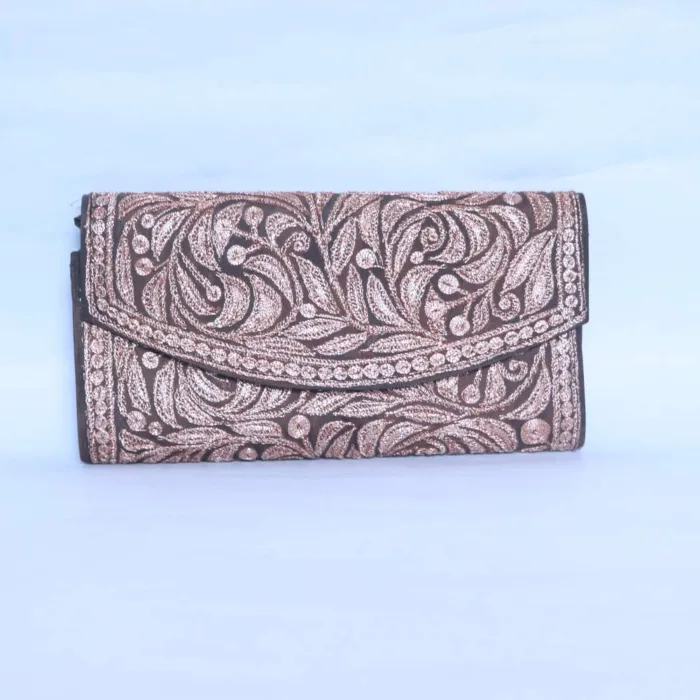 Brown Kashmiri Clutch in Silk with Artistic Tilla Work