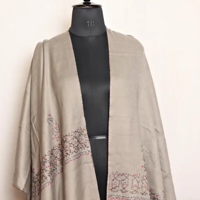 Grey Polywool Stole With Hand Sozni Embroidery - Image 2