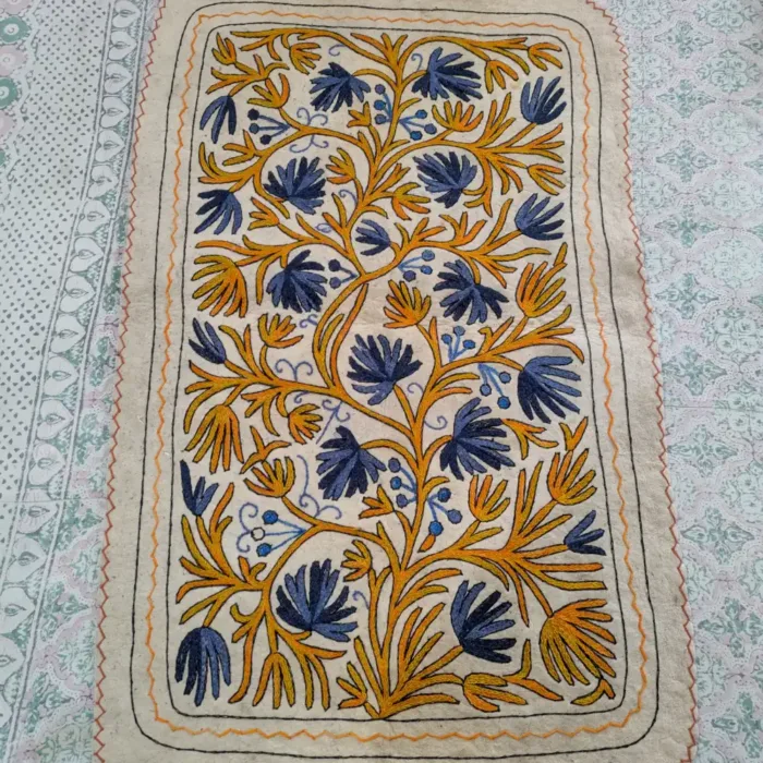 Artistic Hand Aari Embroidered Yellow-Blue Namda Rug in Soft Wool - Image 4