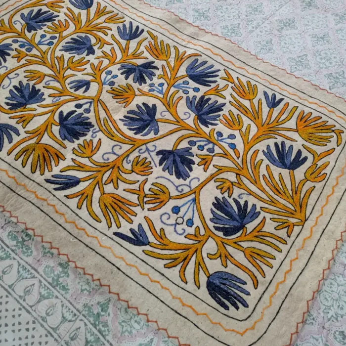 Artistic Hand Aari Embroidered Yellow-Blue Namda Rug in Soft Wool - Image 3