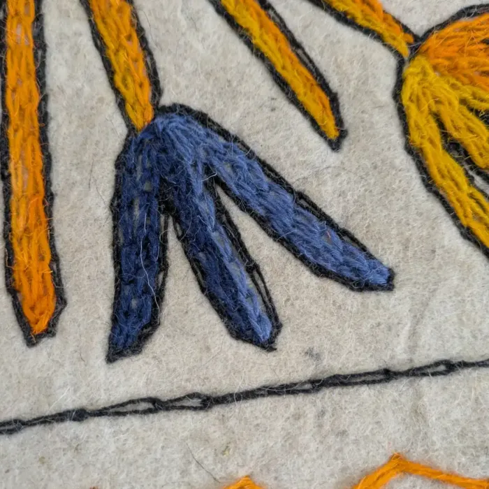 Artistic Hand Aari Embroidered Yellow-Blue Namda Rug in Soft Wool - Image 2