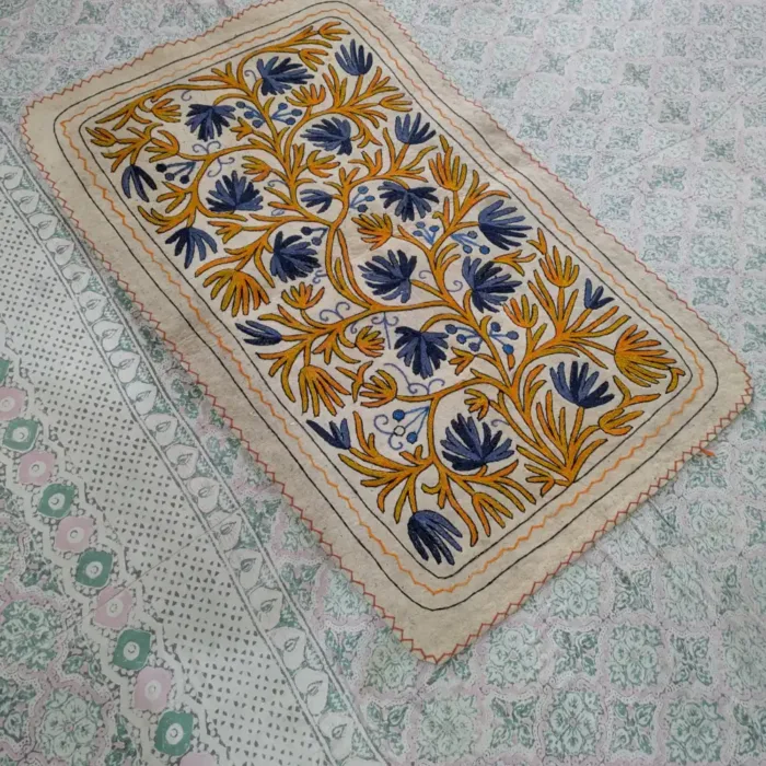 Artistic Hand Aari Embroidered Yellow-Blue Namda Rug in Soft Wool