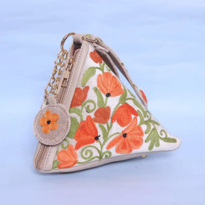 Cream Velvet Triangle Potli Bag with Elegent Aari Embroidery