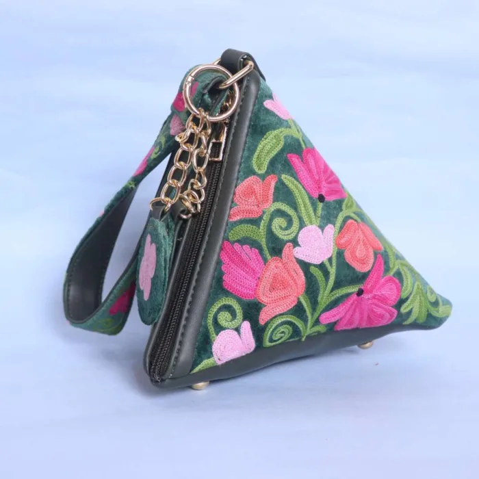 Dark Green Velvet Triangle Potli Bag with Aari Embroidery