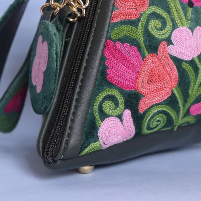 Dark Green Velvet Triangle Potli Bag with Aari Embroidery - Image 2