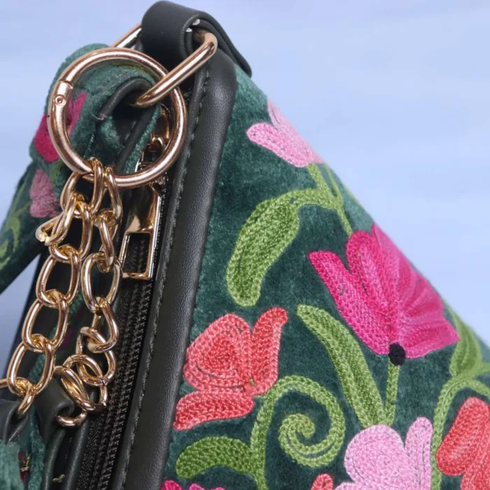 Dark Green Velvet Triangle Potli Bag with Aari Embroidery - Image 3