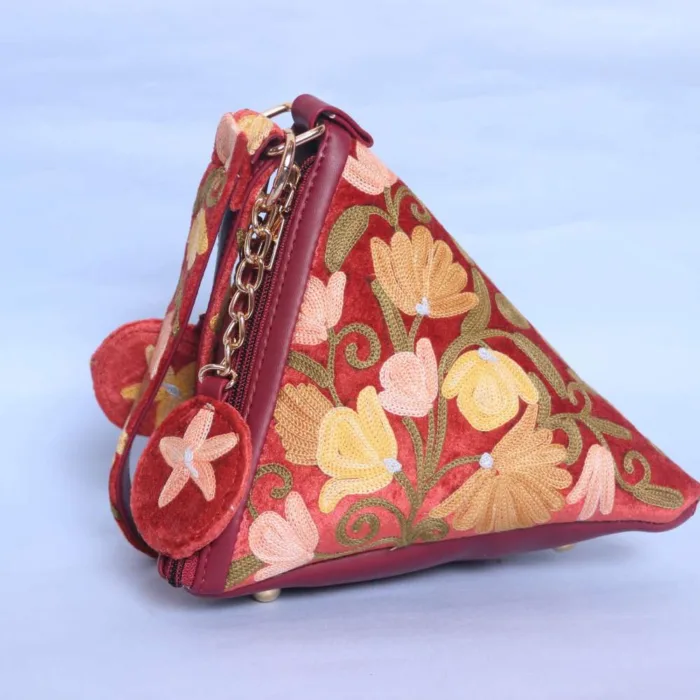 Red Velvet Potli Bag in Triangle Shape with Aari Embroidery